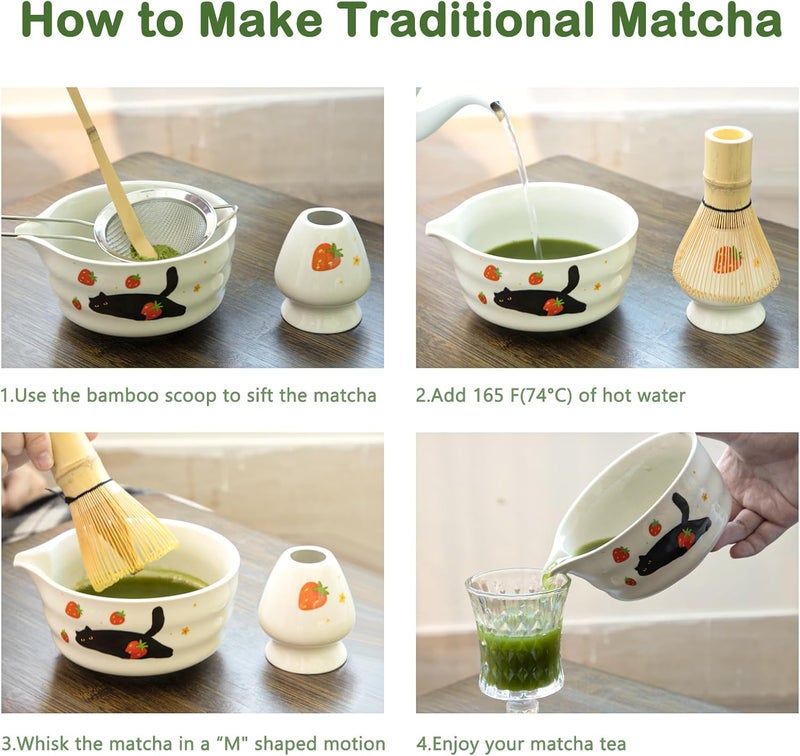 KOIMYSA Matcha Whisk Set, 5 Pcs Traditional Japanese Matcha Whisk Preparation Kit, White Glossy Ceramic Bowl with Black Cat and Strawberry Pattern - Image 3